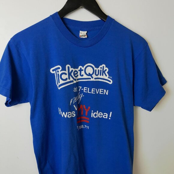 Vintage 80s 7-Eleven Ticket Quik T-Shirt M Blue Screen Stars Single Stitch - Picture 11 of 15